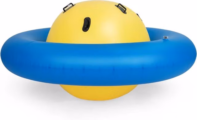 Giostra gonfiabile a pianeta per bambini in PVC blu e giallo con 6 maniglie per saltare e arrampicarsi, Diametro: 223 cm