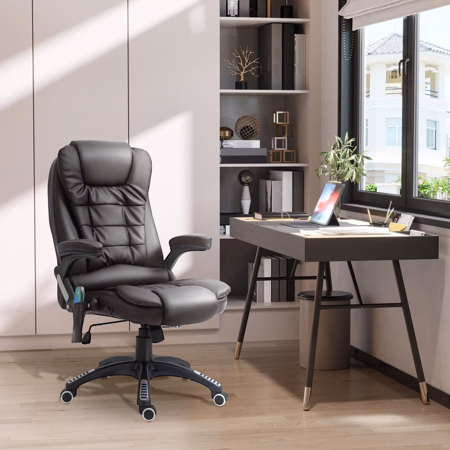 sedia da ufficio massaggiante regolabile okwish sedia da ufficio con funzione massaggio e funzione calore integrata, sedia da lavoro con 5 rotelle e meccanismo, sedia da gioco in Pelle finta, marrone