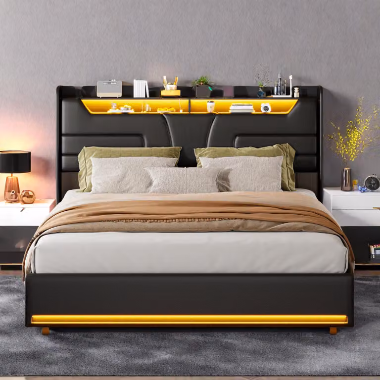 Letto imbottito ProximaX 140x200cm con USB e prese di corrente, letto giovanile letto contenitore idraulico letto a molle, letto contenitore letto in legno massiccio con LED/tipo C e rete a doghe, PU, nero