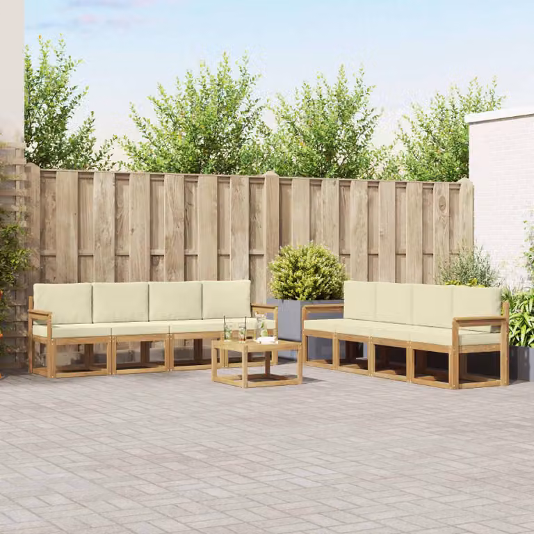 Set di divani da esterno vidaXL 9 pezzi in legno di acacia con tavolino e cuscini, Bianco e Beige