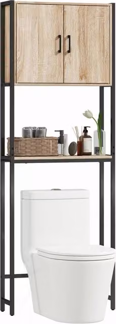 Mobile Salvaspazio Sopra WC Xylo con 2 Ante e Ripiano Regolabile in Legno Naturale Marrone L: 64 cm, P: 19 cm, H: 178 cm – 1