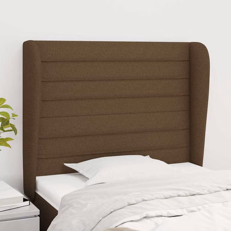 Testiera ad orecchio vidaXL in tessuto marrone scuro con struttura in legno e materiali misti L/P/H: 83 x 23 x 118/128 cm