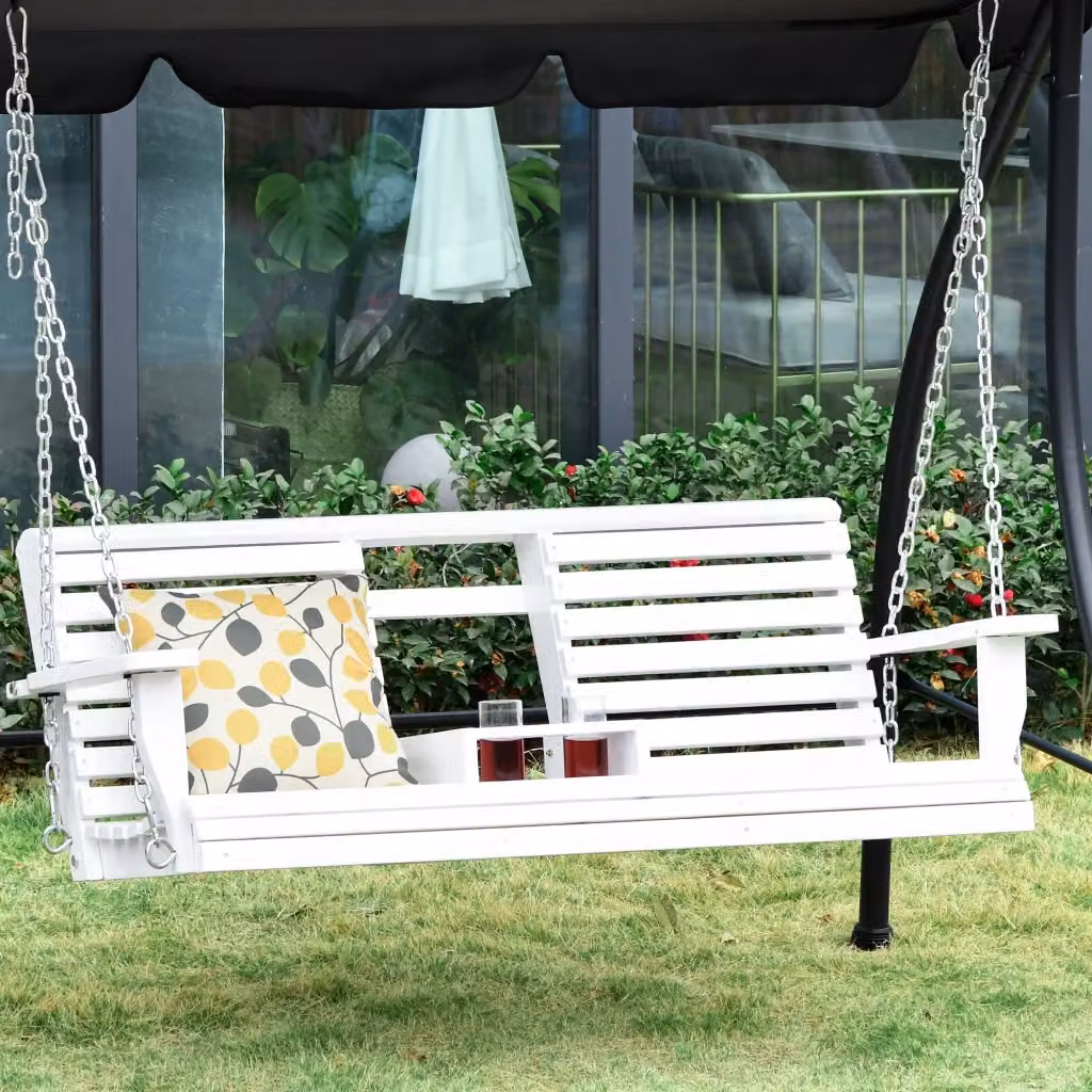 Dondolo da esterno Giordanoshop per 3 persone in legno di abete e metallo bianco con tendalino, tavolino e portabicchieri L: 150 cm, P: 75 cm, H: 53 cm – 2