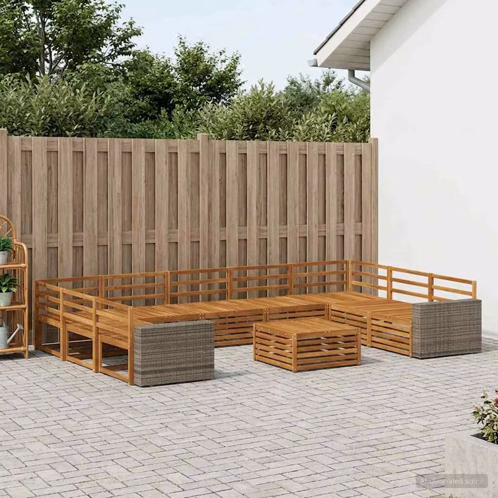Set di divani da esterno vidaXL in legno di acacia marrone con cuscini e tavolino da caffè, composizione a L per giardino e terrazza