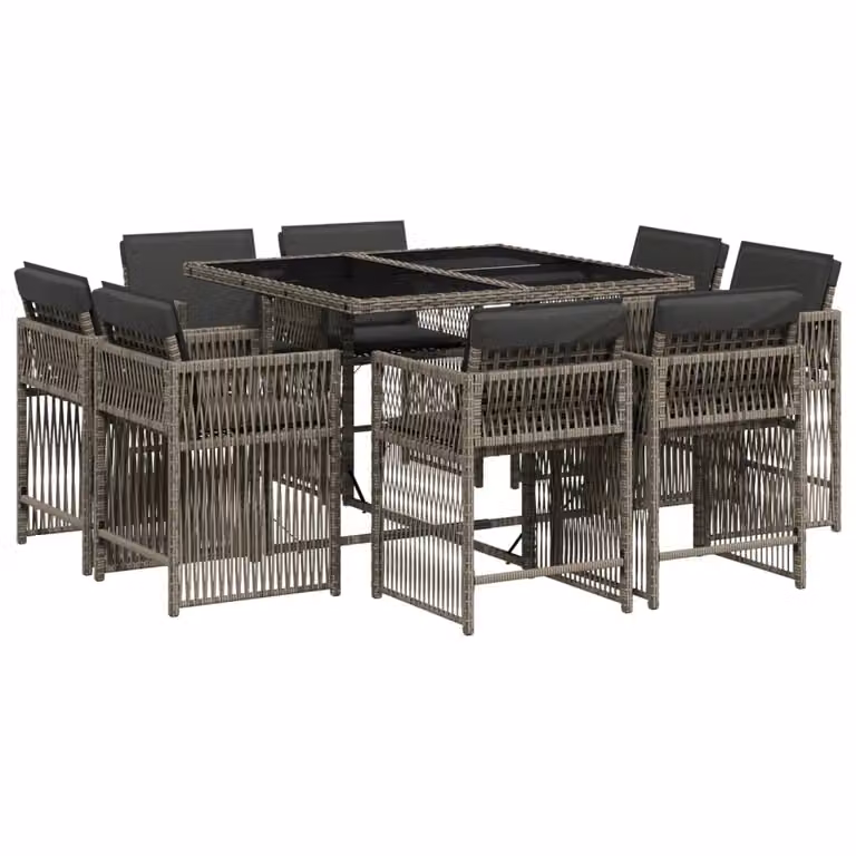 Set da Pranzo da Giardino 9 pz con Cuscini in Polyrattan Grigio