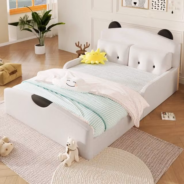 Letto imbottito 140x200 con testiera a forma di orso; rivestimento in lino bianco per camera di bambini e ragazzi