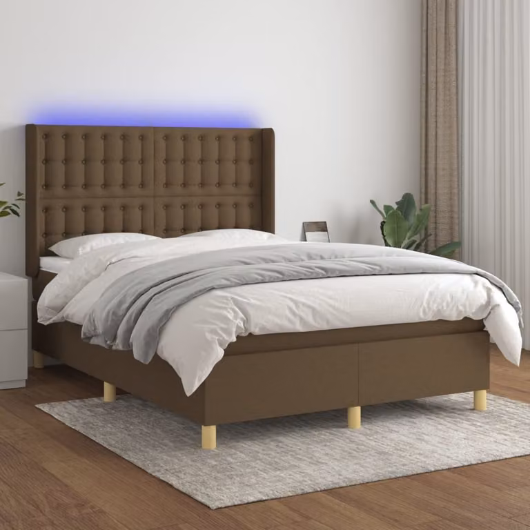 The Living Store Letto a molle con materasso e LED in tessuto marrone scuro 140x190 cm
