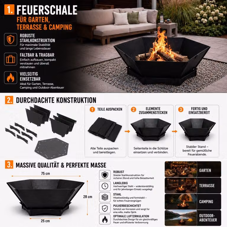 Braciere QLS 75x75 cm XXL - Braciere da esterno pieghevole in acciaio, nero, per giardino 11486