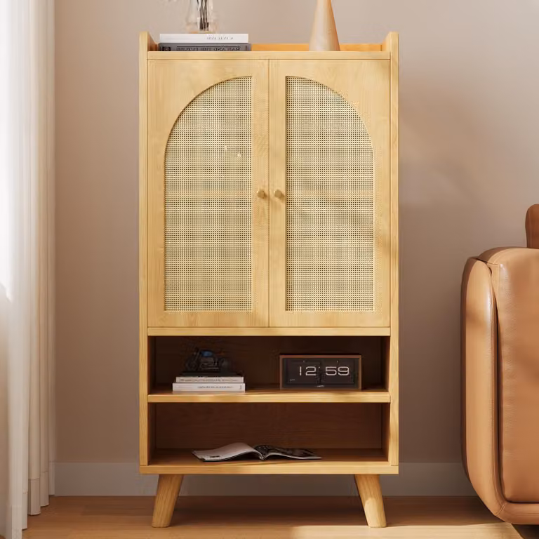 Mobiletto contenitore in rattan "Flieks" con 2 ante in rattan e 2 vani aperti, buffet con ampio spazio di stoccaggio, mobiletto multifunzionale per ingresso, soggiorno o cucina, colore naturale