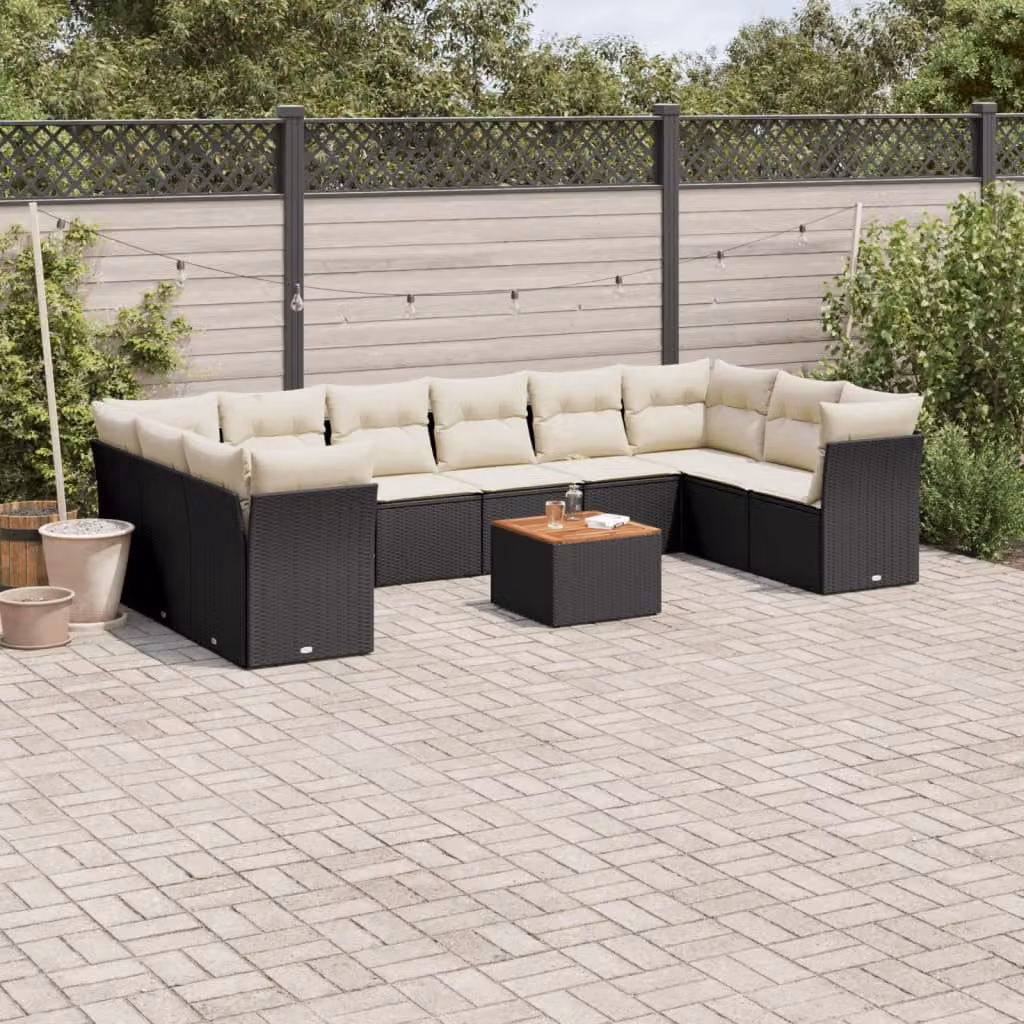 vidaXL Set Divani da Giardino 11 pz a Forma a L con Cuscini e Tavolino da Caffè in Polyrattan e Acciaio Nero – 1