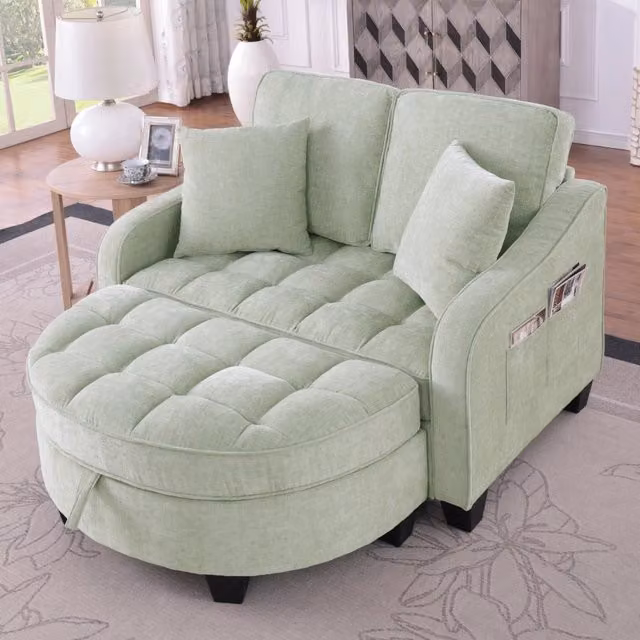 Divano letto convertibile con pouf contenitore in tessuto traspirante e legno di eucalipto ciano per piccoli spazi