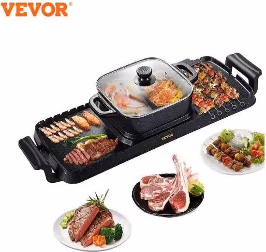 Griglia e Cacciatora Elettrica 2 in 1 - 2400W - Cottura Gourmet - Portatile e Senza Fumo - Superficie Antiforfora Rimovibile - Cottura - Grill - Cucina - Cucina Elettrica
