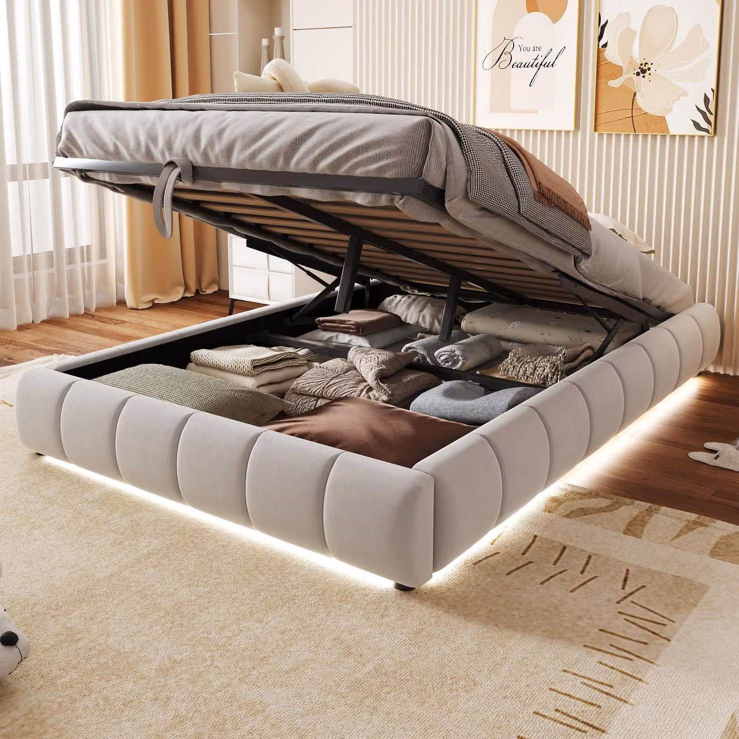 MODFU letto imbottito 140x200cm con rete, rete letto giovanile con rete a doghe, letto per bambini senza testata per il design fai da te, beige