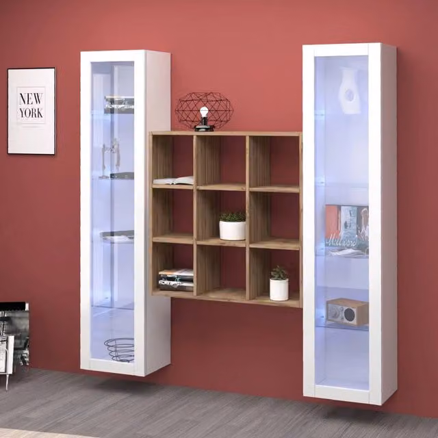 Mobile Espositore Felice DMORA con Ante in Vetro e 14 Ripiani, Bianco Lucido, L/P/H: 30 x 40 x 180 cm