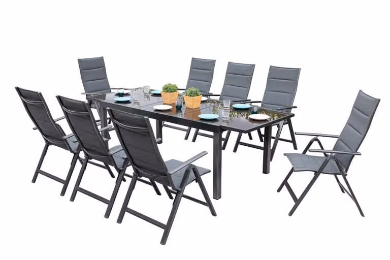 Set di mobili da giardino Merxx Taviano 9 pezzi, 8 sedie pieghevoli, tavolo allungabile 140 (200) x 90 cm - alluminio/tessuto