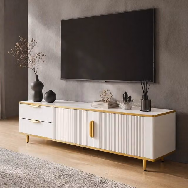 Mobile TV ULEVR 170x37x45 cm con 2 cassetti e 2 ante, bianco e oro con texture scolpita