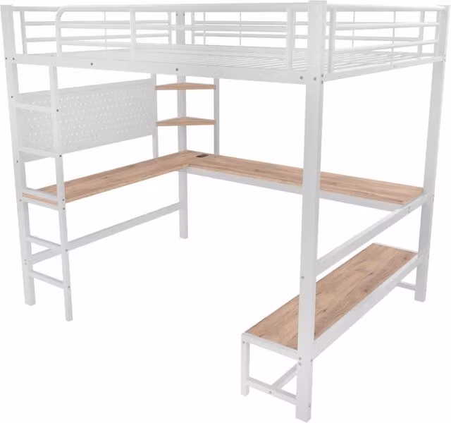 Letto a soppalco 140x200 cm in metallo bianco con scrivania, scala, corrimano, prese USB e illuminazione LED