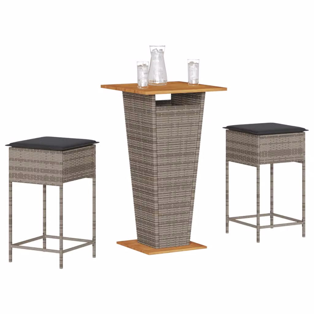 Set Bar da Giardino vidaXL in Polyrattan e Legno di Acacia con Cuscini Grigio, 3 Pezzi