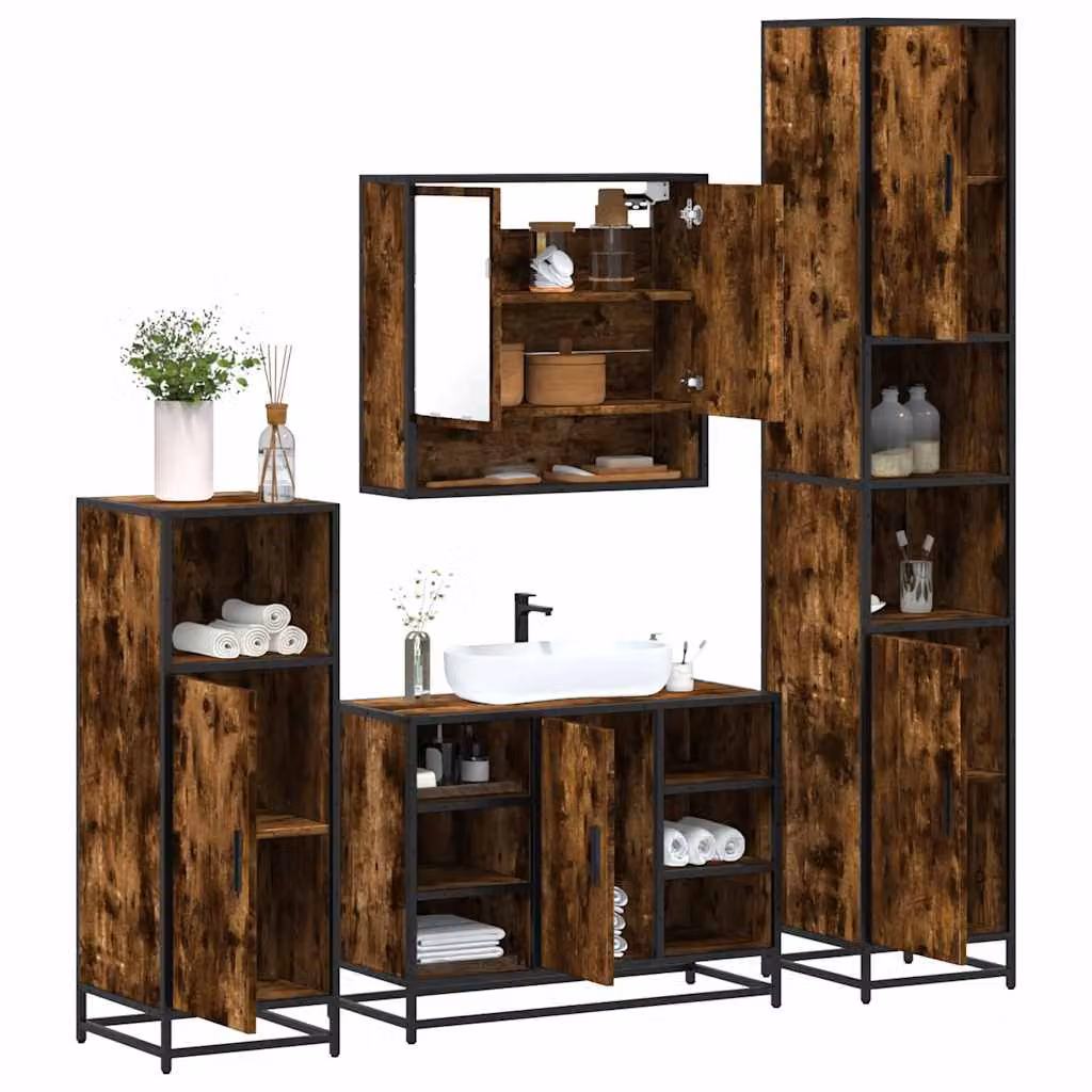 Set di mobili da bagno industrial vidaXL in legno e metallo marrone composto da 4 pezzi con armadietto specchio, mobile lavabo, mobile laterale e colonna alta