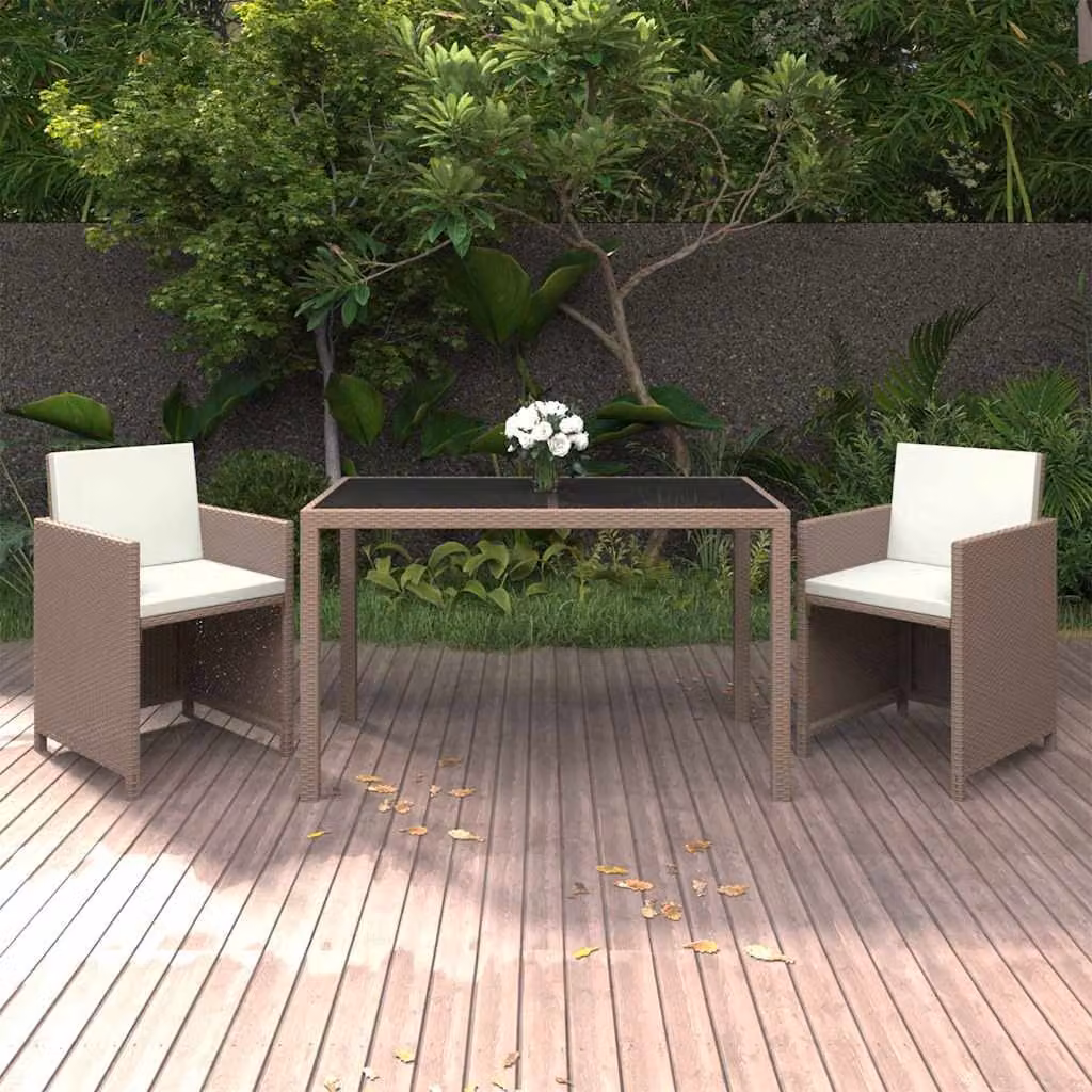 Set da pranzo da giardino moderno vidaXL in polyrattan e vetro beige con 3 pezzi e cuscini