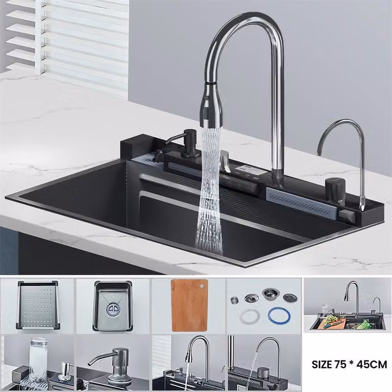 Lavello da cucina - Vasca singola 75x45 cm - In ghisa - Miscelatore a cascata con display digitale - Dispenser integrato per sapone e detergente per stoviglie - Nero