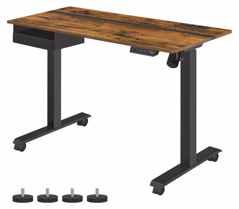 Scrivania regolabile in altezza, da seduto a in piedi, colore marrone scuro e nero, dimensioni 60 x 120 cm, portata massima 80 kg