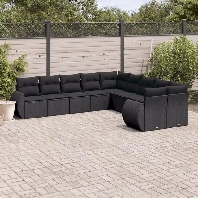 Set Divani da Giardino 10pz con Cuscini in Polyrattan Nero 3221904