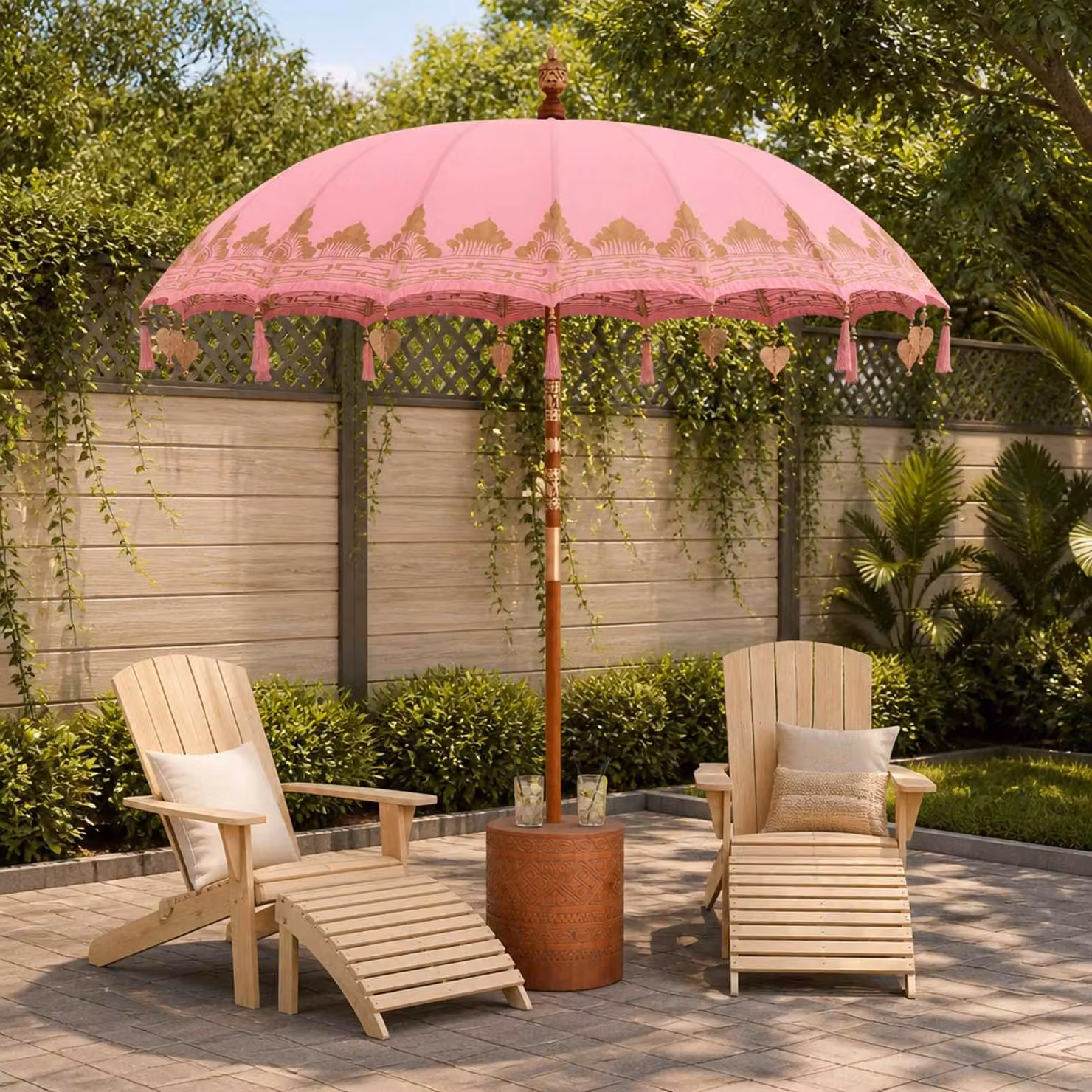 Set di 2 ombrelli balinesi vidaXL in cotone e bambù con base, colore rosa