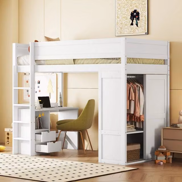 Letto alto a soppalco bianco 90×200 cm in pino e MDF per bambini, con armadio, scrivania, 2 cassetti e scala, senza materasso