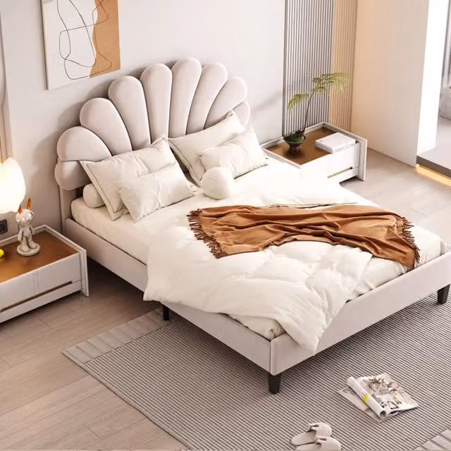 Letto matrimoniale moderno imbottito in tessuto beige con decorazione floreale L/P/H: 140 x 200 x 110.5 cm – 1