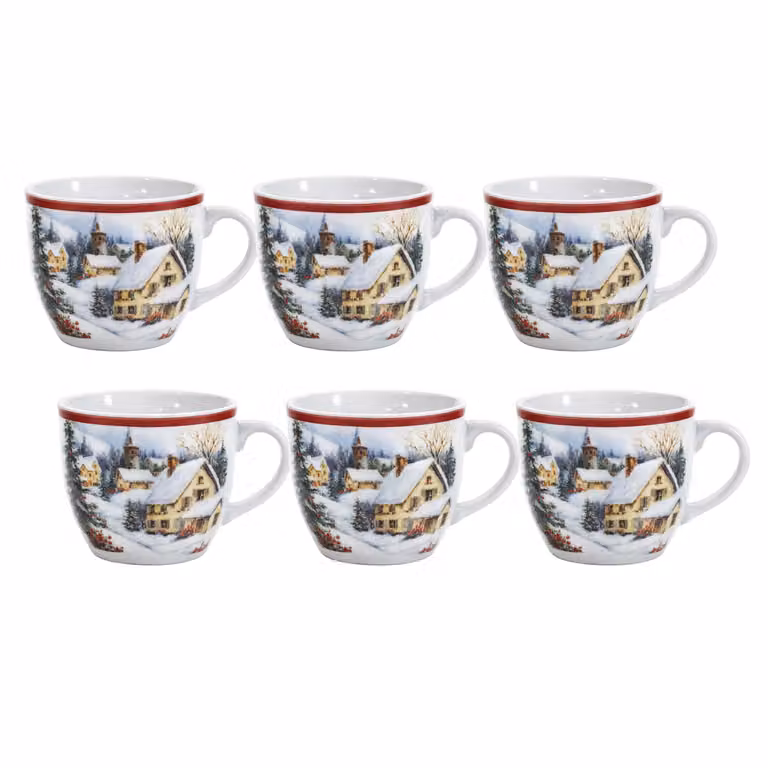 Set di 6 tazzine da caffè natalizie Snowy Village Elegance Vestiamo Casa in porcellana multicolore da 9 cl