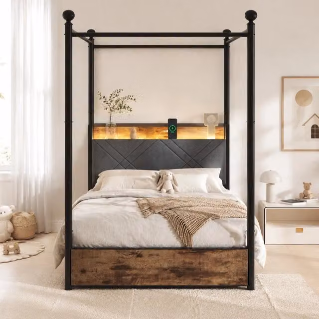 Letto 90x190 cm nero in metallo, con baldacchino rimovibile e LED