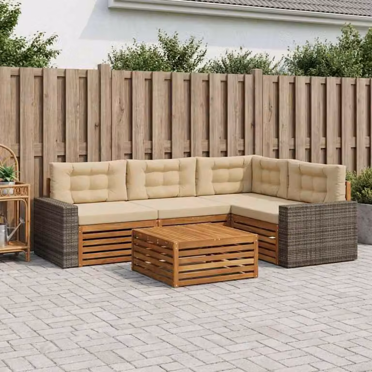 Set di divani da esterno vidaXL 5 pezzi in legno di acacia con cuscini beige e sabbia per giardino e terrazza