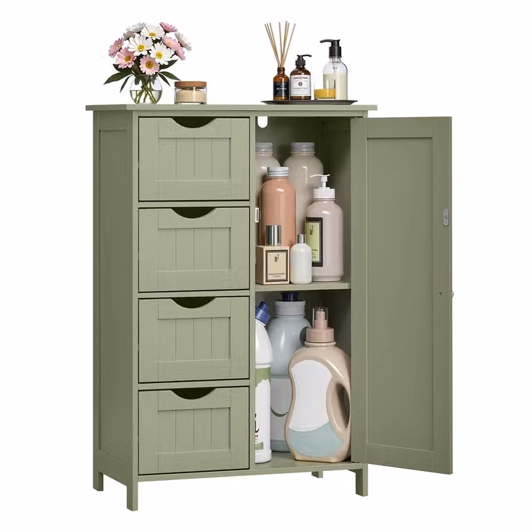 Mobile da Bagno Bagno Stretto con Cassetti Anta Ripiano Regolabile, Verde Foresta / Con 4 Cassetti (30P x 55l x 82H cm)