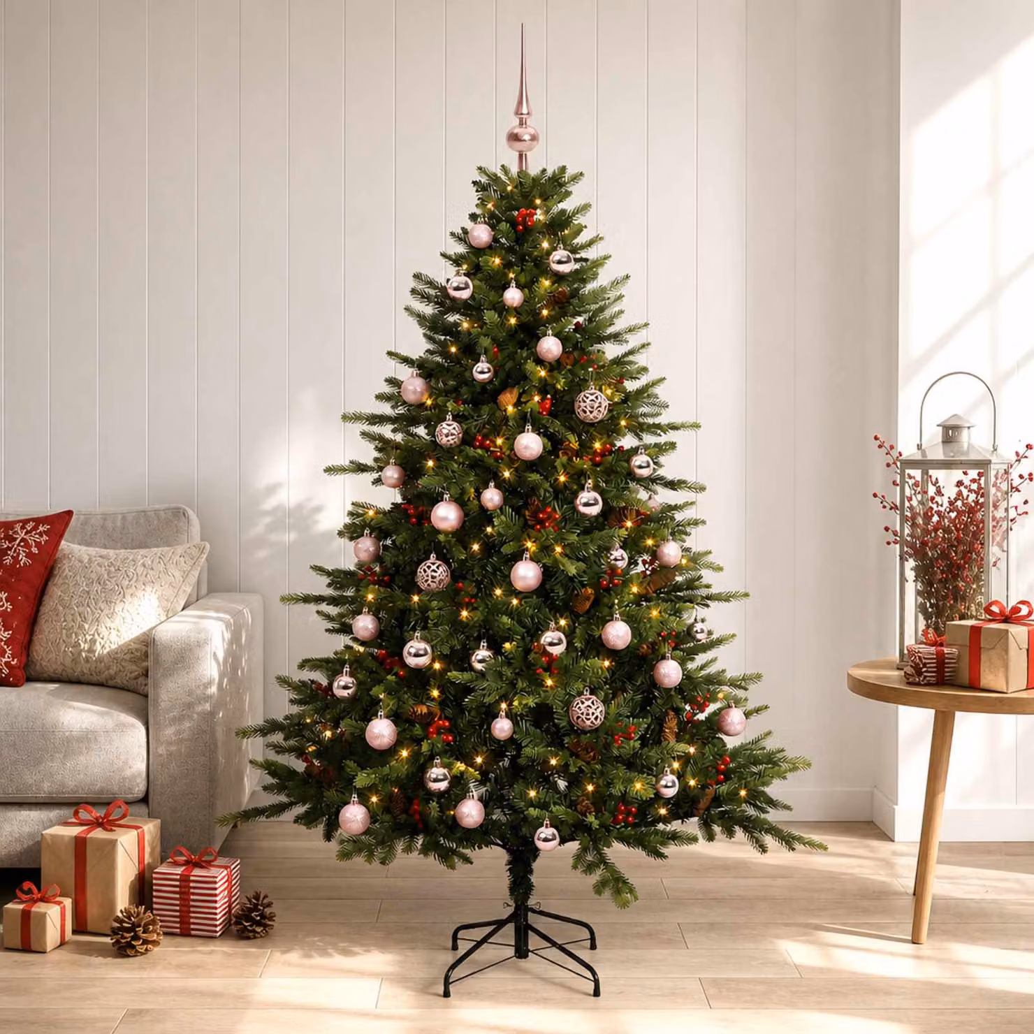 Albero di Natale artificiale verde vidaXL con 150 LED luce bianca calda e decorazioni con palline, Altezza: 120 cm