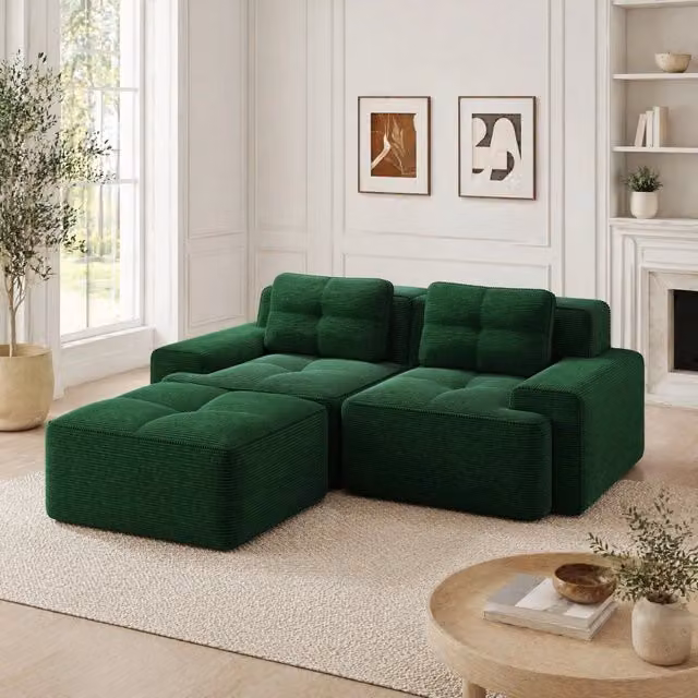 Divano modulare ad angolo con seduta profonda 204x177x69 cm in velluto a coste verde