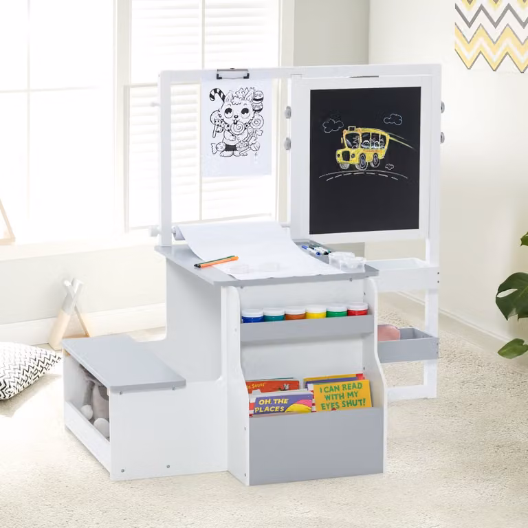 Set tavolo e panca per bambini Costway in legno con cavalletto regolabile a doppia faccia, Centro artistico Grigio chiaro, L: 114 cm, P: 81 cm, H: 100 cm
