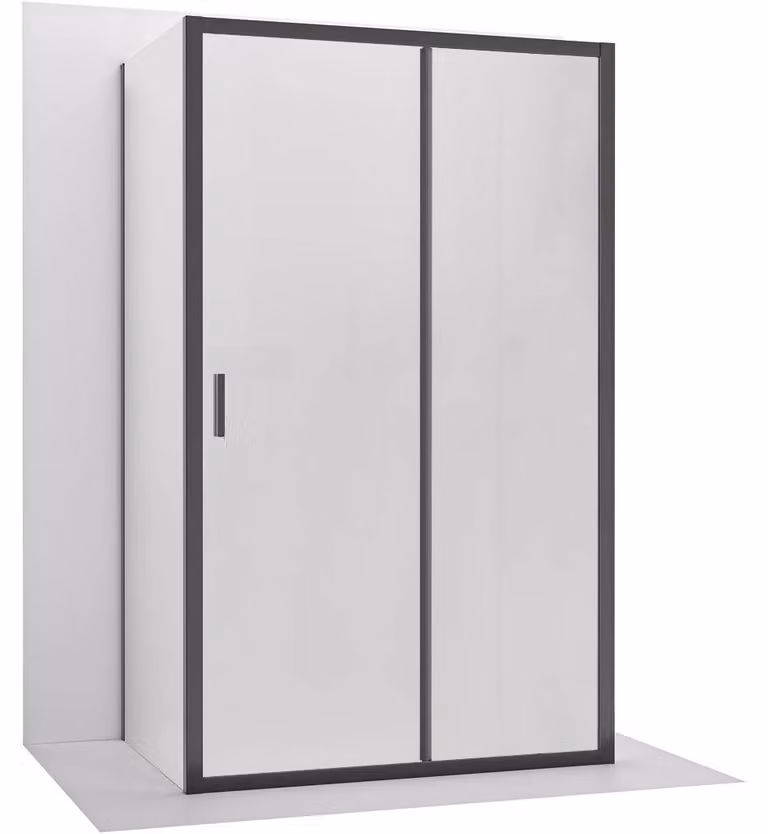 CERANO - Box doccia a tre pareti Varone LINE U L/P - 6 mm - nero opaco, vetro smerigliato - 140x100 cm - scorrevole