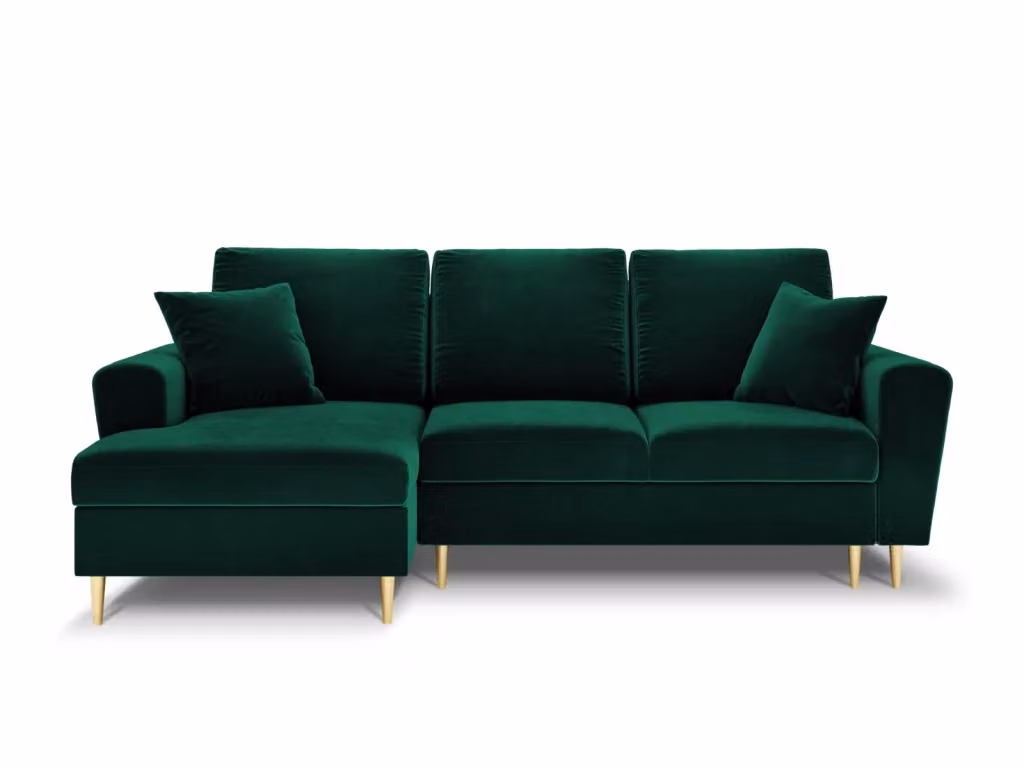 Divano convertibile angolare sinistro con contenitore Kyoto di Cosmopolitan Design, 4 posti in velluto verde bottiglia e oro, L: 241 cm, P: 114,6 cm, H: 88 cm – 2