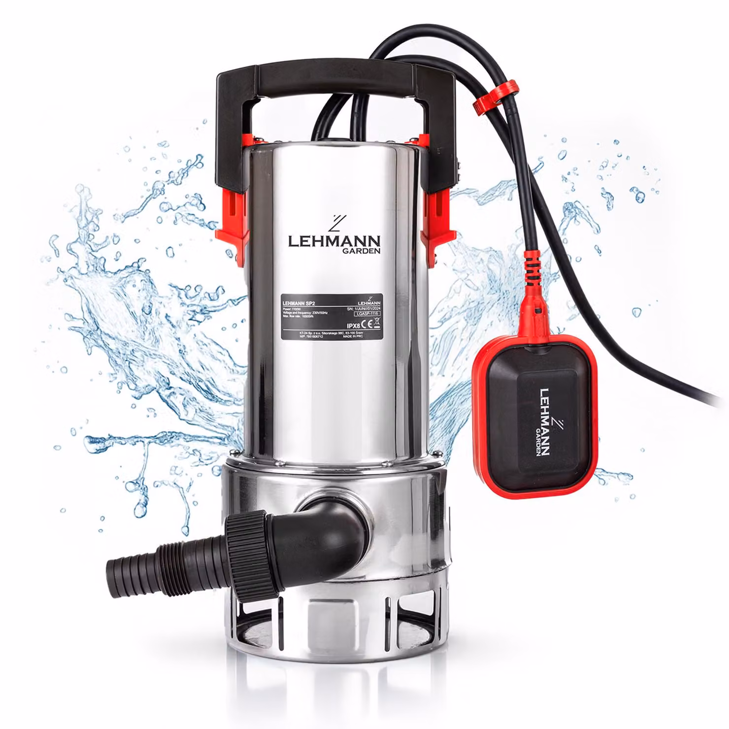 Pompa sommergibile LEHMANN con galleggiante integrato per acque sporche e pulite, 1100W, portata 16500 l/h, particelle Ø35 mm