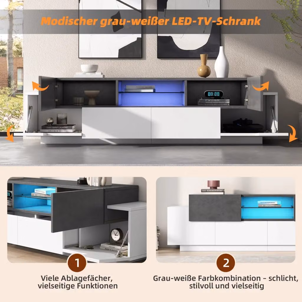 Mobile TV moderno REDOM con illuminazione LED integrata e ripiani in vetro, bianco e grigio, L: 180 cm, P: 40 cm, H: 45 cm – 2