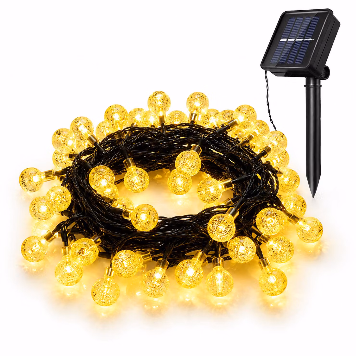 Catena luminosa solare per esterni, 9,5 metri, 50 LED, con sfere di cristallo, 8 modalità, luce bianco caldo, accensione/spegnimento automatico, ideale per decorare giardino, terrazza, balcone, per Natale o per feste
