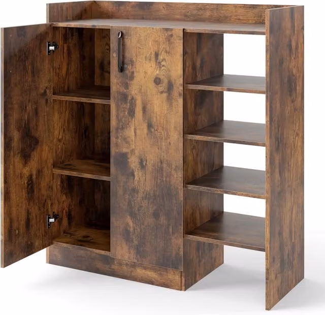 Scarpiera moderna DESIGN IN con 2 ante e ripiani regolabili, mobiletto da terra con scomparti aperti per ingresso, soggiorno o camera da letto, Marrone e Bianco – 1