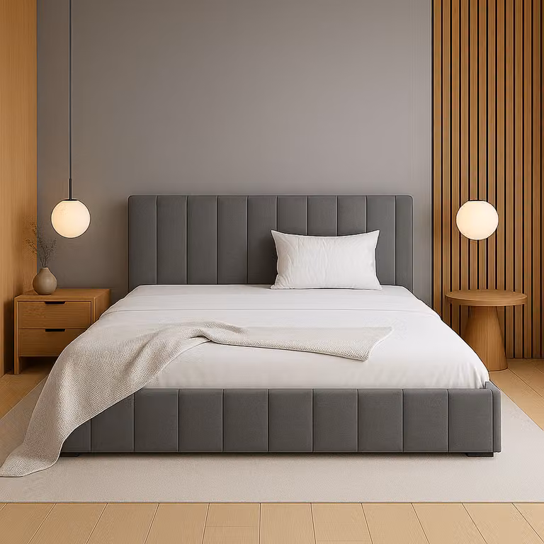 Letto imbottito GUTTO letto matrimoniale 140 x 200 cm griglia a doghe in metallo grigio spazio di archiviazione