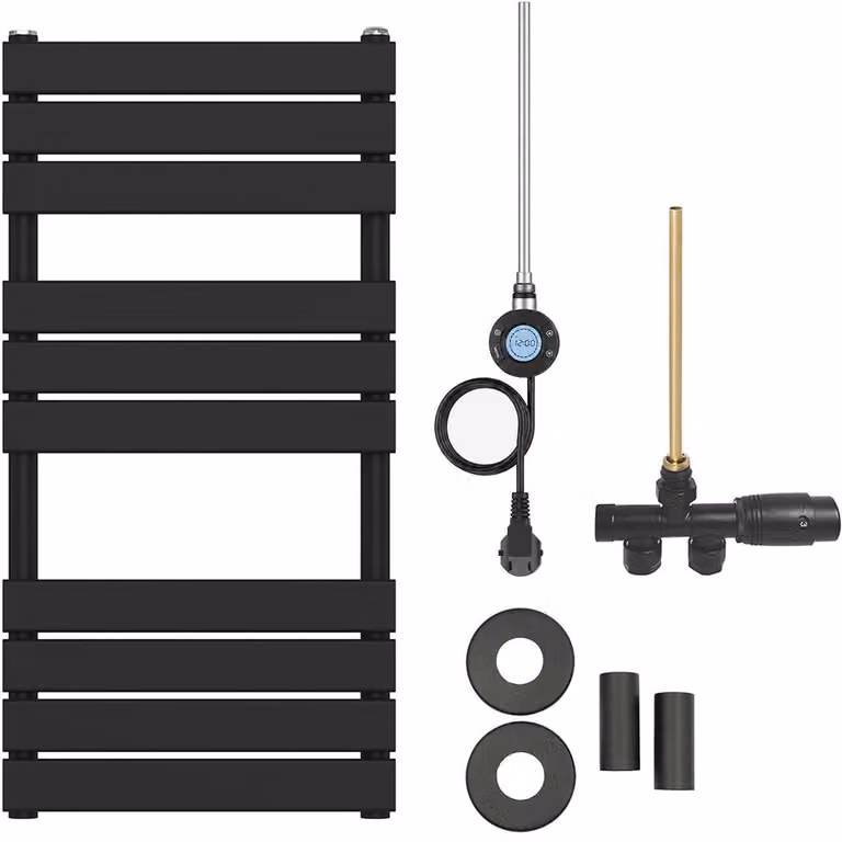 Kit radiatore per bagno Claude - riscaldamento combinato, antenna Wi-Fi - collegamento laterale a un punto - 300W - nero opaco - 1000x500 mm