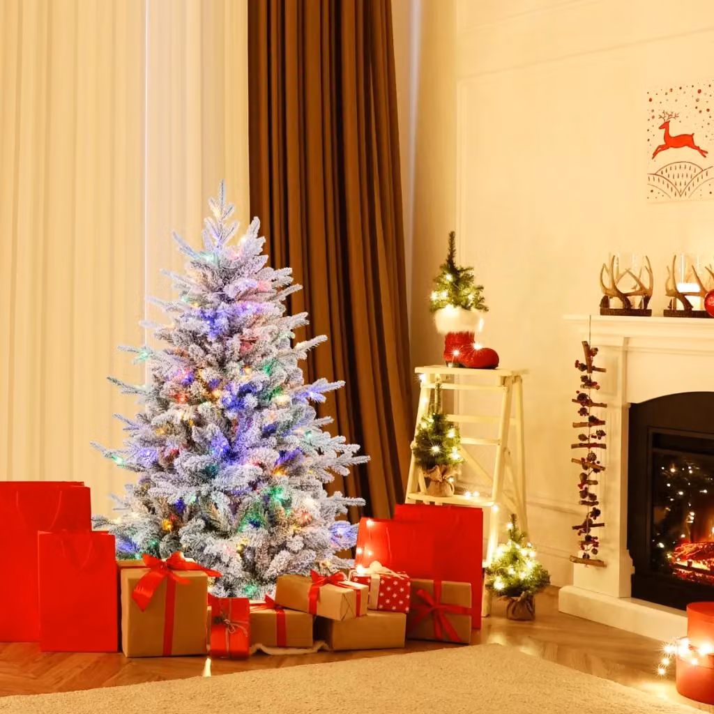 Albero di Natale artificiale innevato con luci LED RGB multicolore e 8 modalità luminose, Altezza: 135 cm – 2