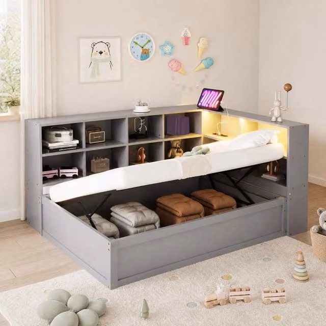 Letto multifunzione 90x200 cm con presa multipla; LED e vani contenitore; grigio