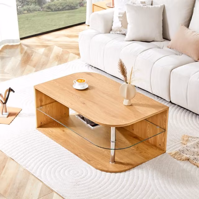 Tavolino basso fisso con ripiano in vetro e doppio spazio contenitore MDF effetto legno naturale 100 × 60 × 42 cm