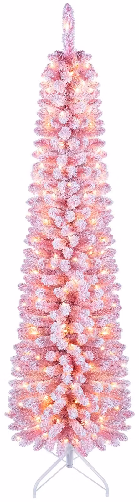 Albero di Natale artificiale COSTWAY, altezza 180 cm, con effetto neve, abete a forma di cono con 140 luci LED bianco caldo, 8 modalità di illuminazione, 392 punte e supporto. Albero di Natale stretto