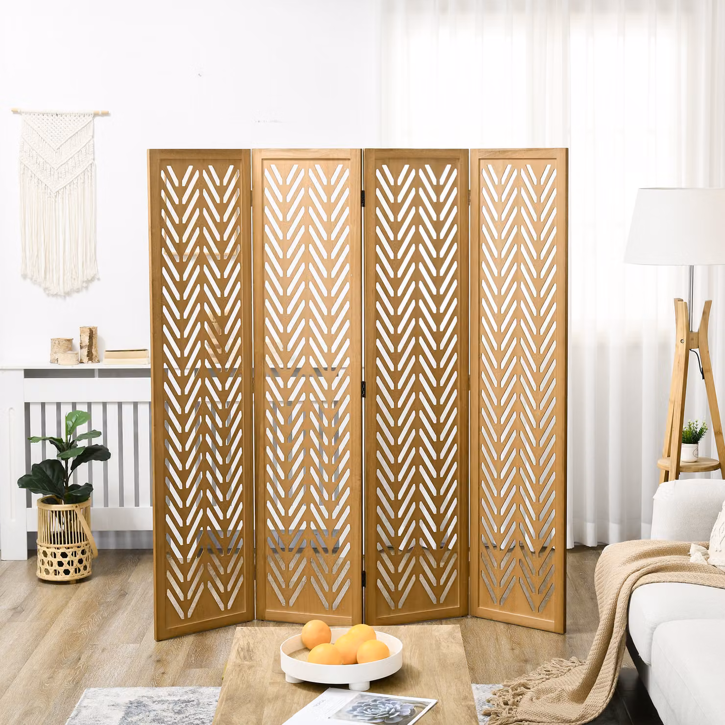 Paravento divisorio HOMCOM in legno traforato con design geometrico moderno, 4 pannelli pieghevoli, colore marrone naturale, H: 170 cm, L: 160 cm – 2